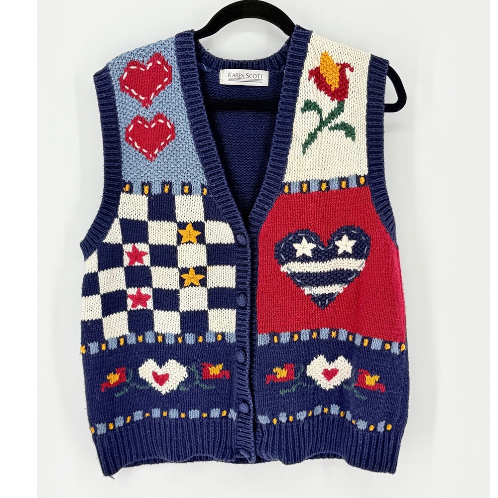 Vintage Women Novelty Americana Folk Country Sweater Vest Patchwork Heart Size M